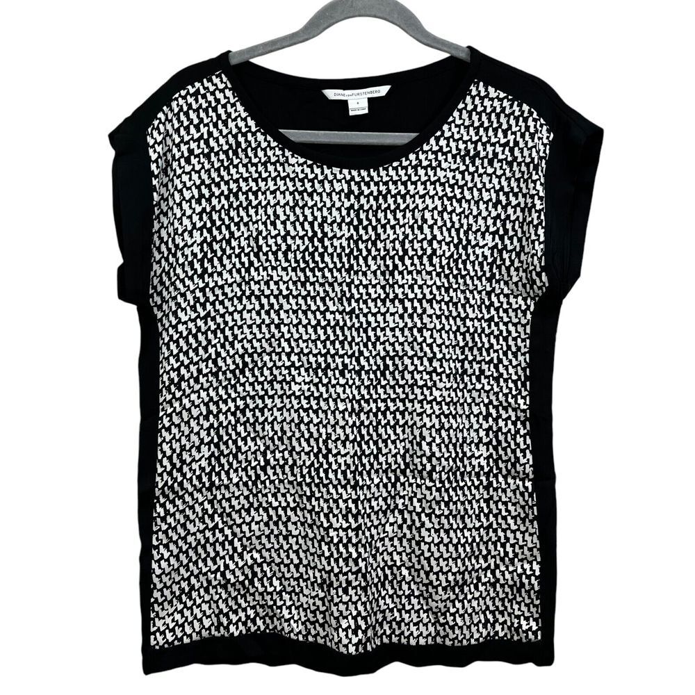 Diane von Furstenberg Women Silk Blend Blouse Top Cap Sleeve Black White Size 8*
